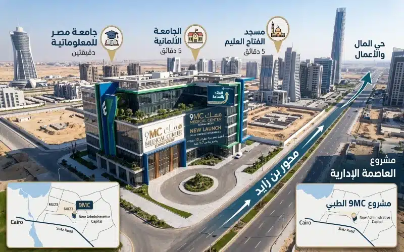مول 9MC العاصمة الادارية | أسعار ومساحات عيادات عليوة 2 موقع مول 9MC العاصمة الادارية بمدخل منطقة MU23